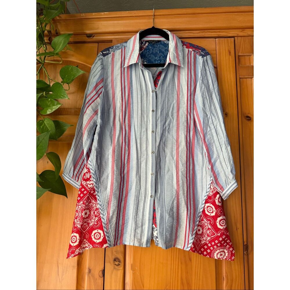 John Mark Patchwork Button-Up Shirt Striped & Pai… - image 2